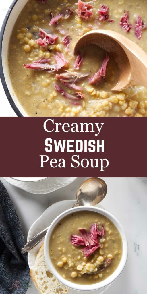 Creamy Swedish pea soup with ham in pot and bowl, bread beside.