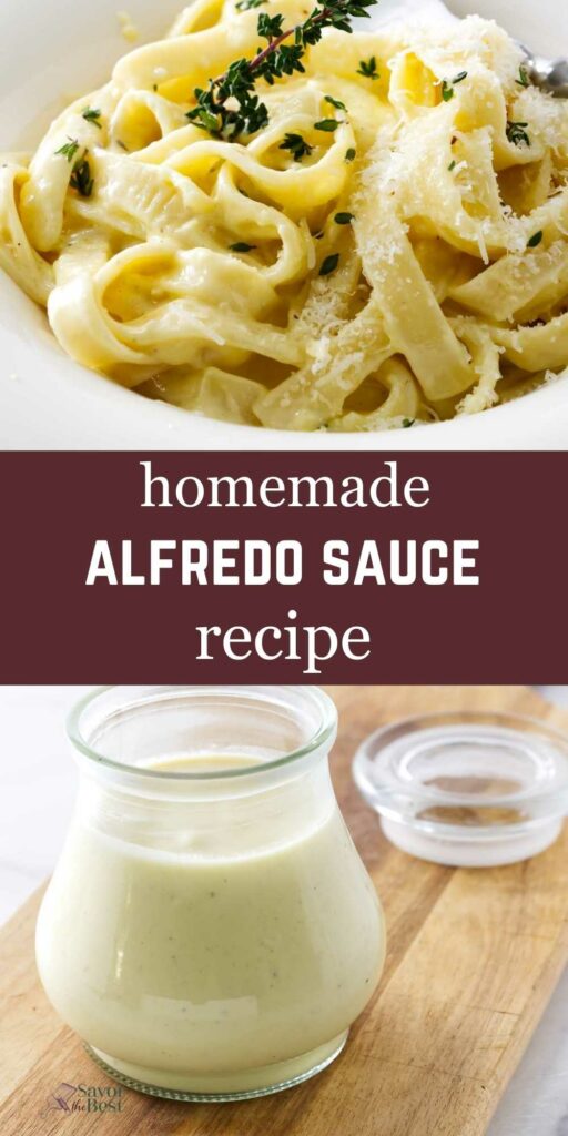 A bowl of fettuccini alfredo pasta above a jar of homemade sauce.