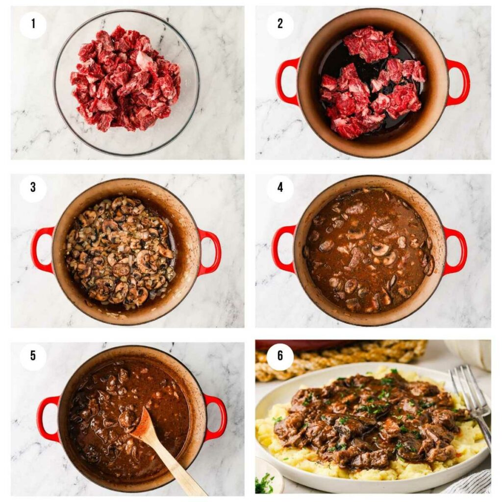 Six photos showing how to make beef tips with gravy on the stovetop.