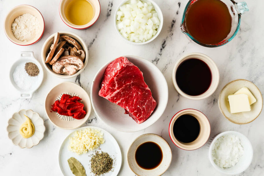 Ingredients used to make beef tips with gravy.