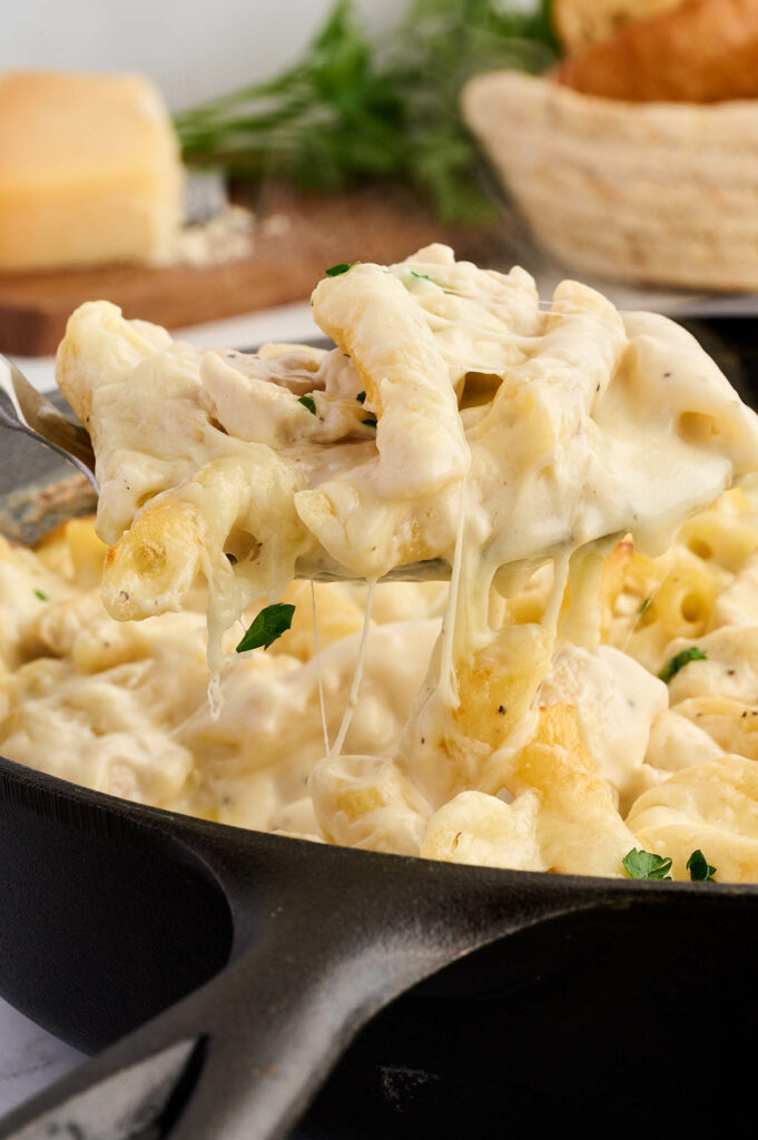 A spoon lifting baked alfredo pasta from a dish.