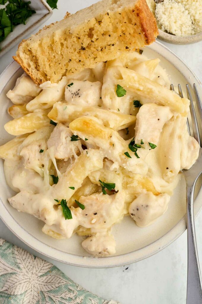 A plate filled with a serving of creamy alfredo pasta.