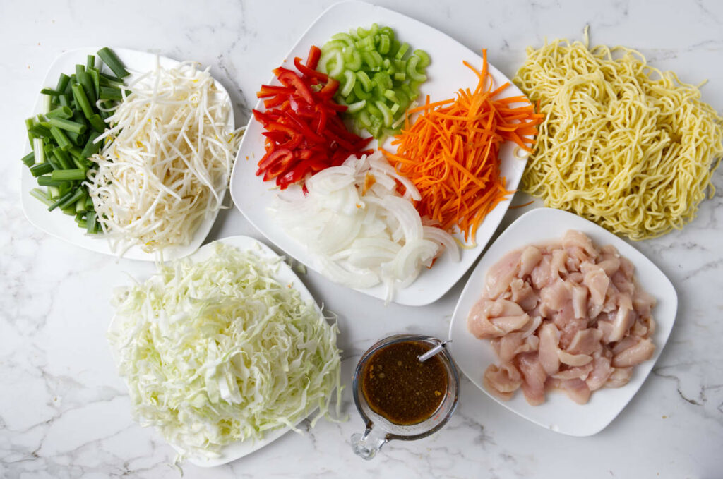 The ingredients used for chow mein with chicken.