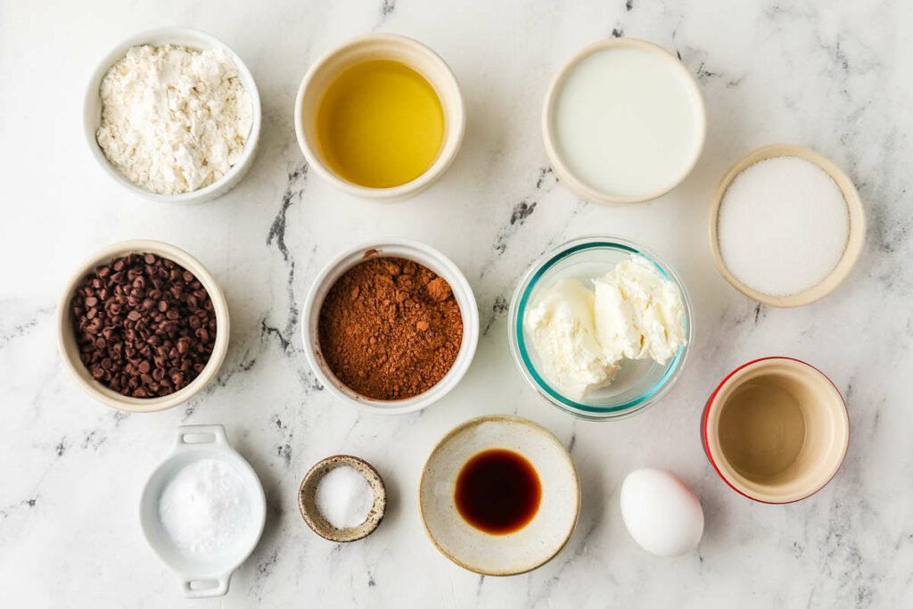 Ingredients used to make chocolate cream cheese cupcakes.