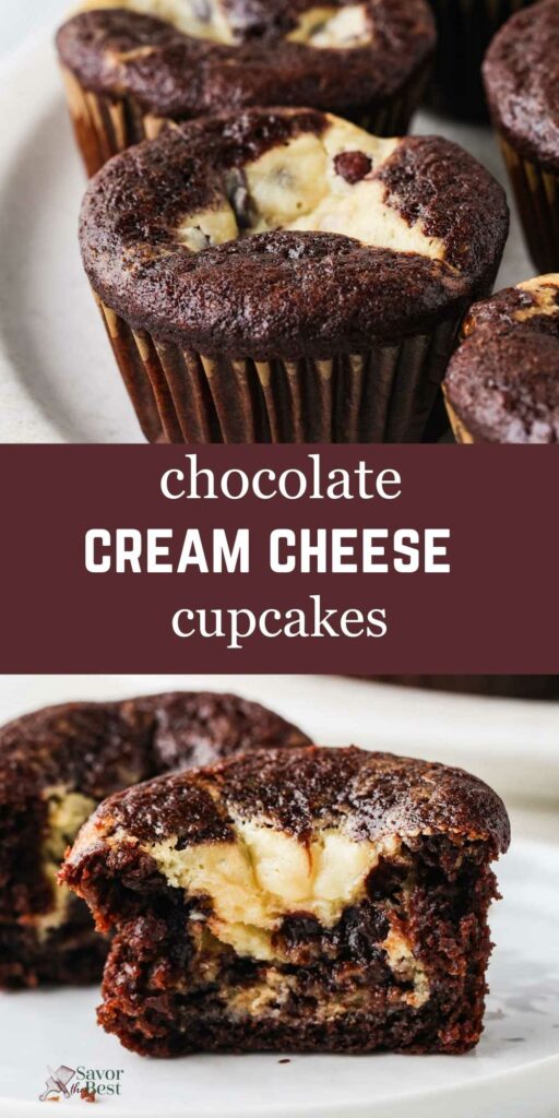 Chocolate cupcakes with cream cheese filling on a white plate.