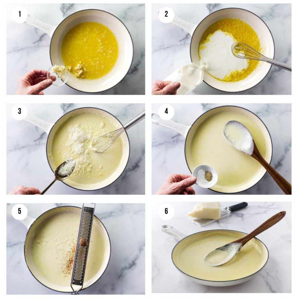 Six photos showing how to make homemade alfredo cream sauce.