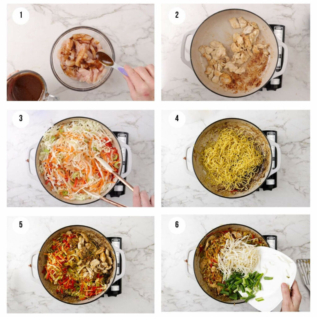 Six photos showing how to make chicken chow mein.