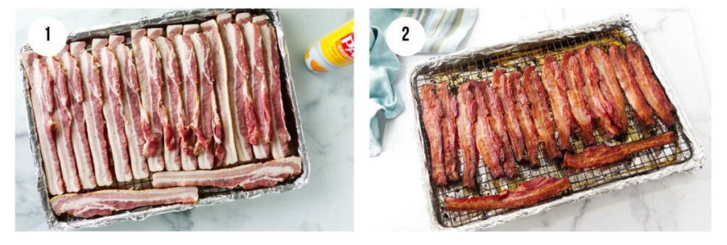 Two photos showing how to prepare bacon in the oven.