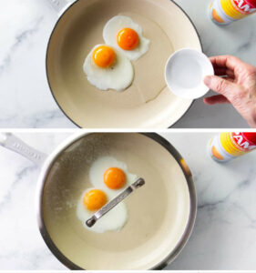 Adding water to a skillet with two eggs then placing a lid on the skillet to steam.