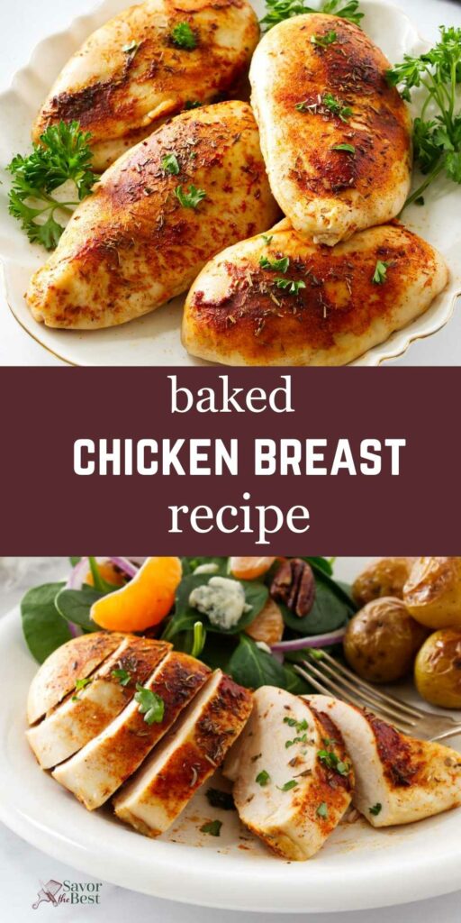 Four chicken breasts on a platter next to a dinner plate with a sliced chicken breast.