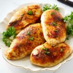 Four chicken breasts on a serving platter.