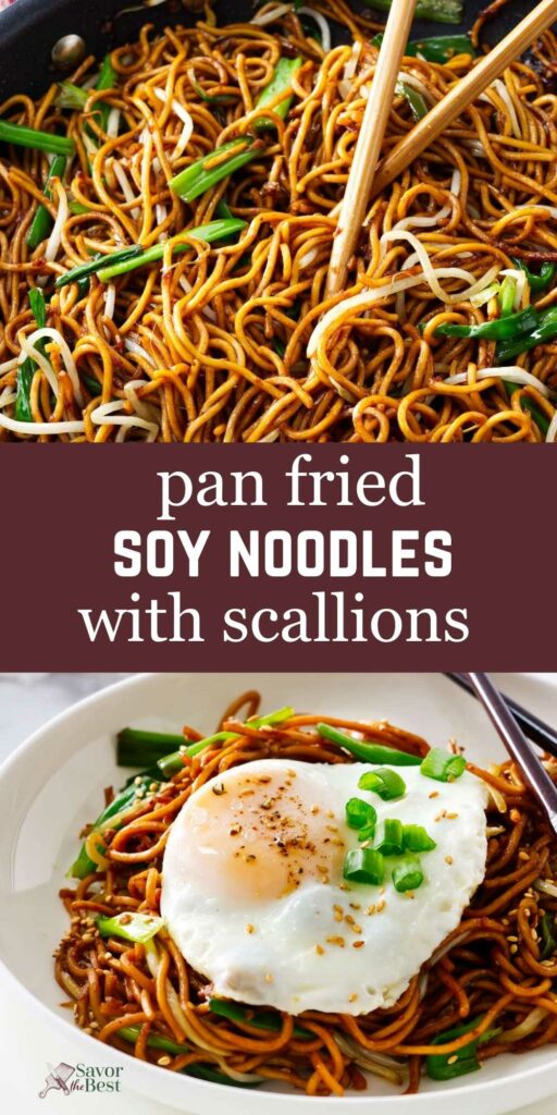 A fried egg on top of a dish of soy sauce noodles in a serving bowl.