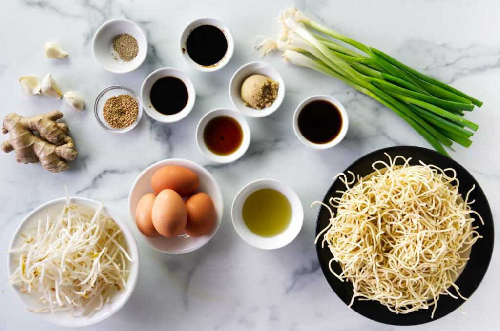 Ingredients used to make stir fried soy noodles.