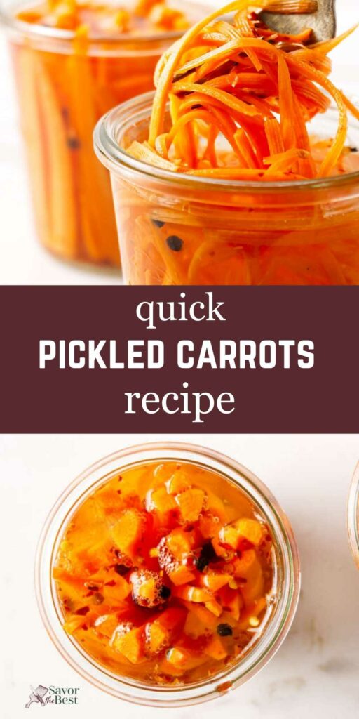 A jar of pickled carrots in spicy brine.