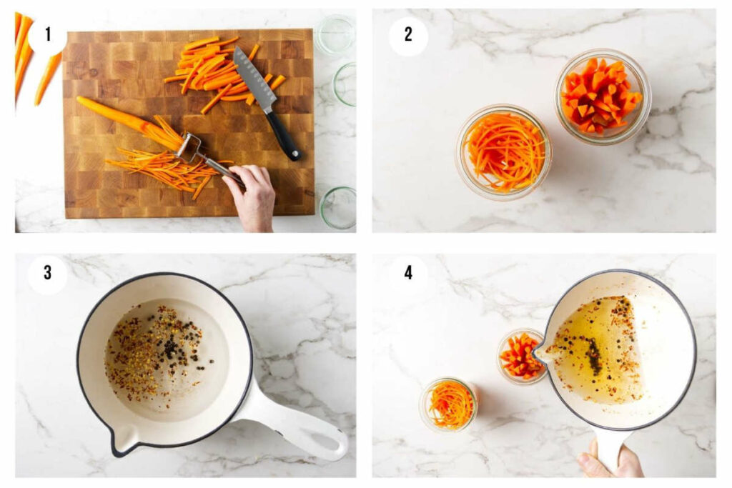 Four photos showing how to make quick pickled refrigerator carrots.
