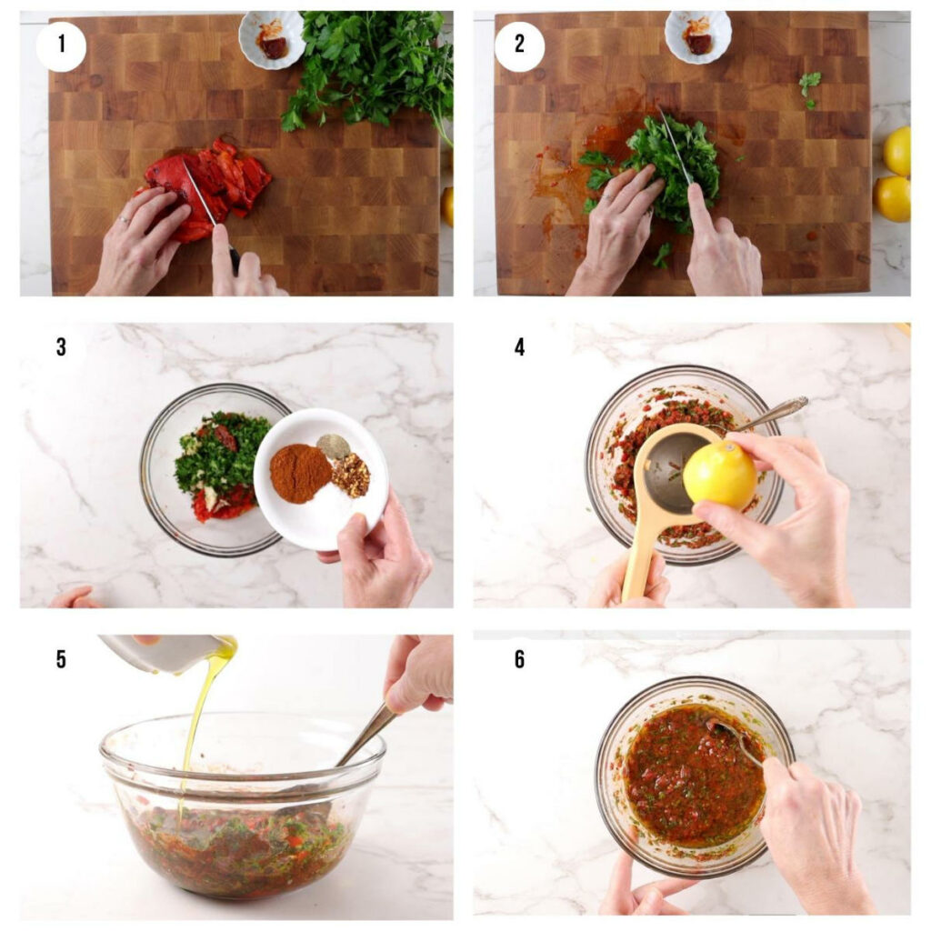 Six photos showing how to make red chimichurri sauce.