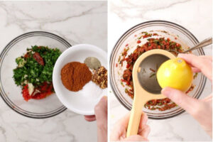 Adding spices and lemon juice to Argentinian red chimichurri sauce.