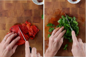 Two photos showing how to chop roasted red peppers and parsley.