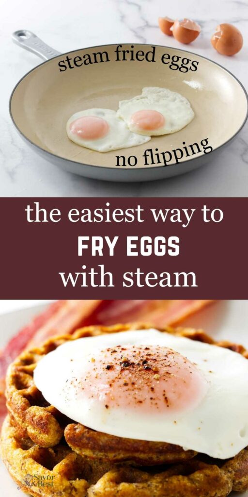 Sunny side up fried eggs in a skillet with perfectly cooked yolks from steaming.