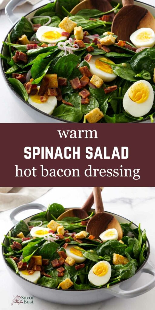 Wooden spoons tossing a hot spinach salad.