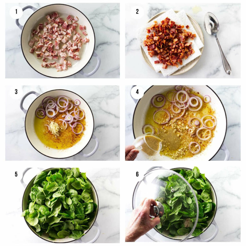 Six photos showing how to make a warm spinach salad.