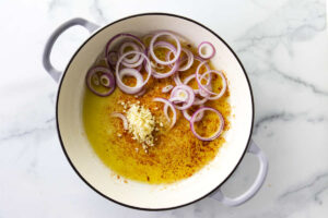 Tossing sliced onion and garlic in a skillet.