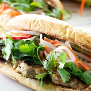 Close-up of Vietnamese banh mi sandwich with grilled meat and fresh vegetables.