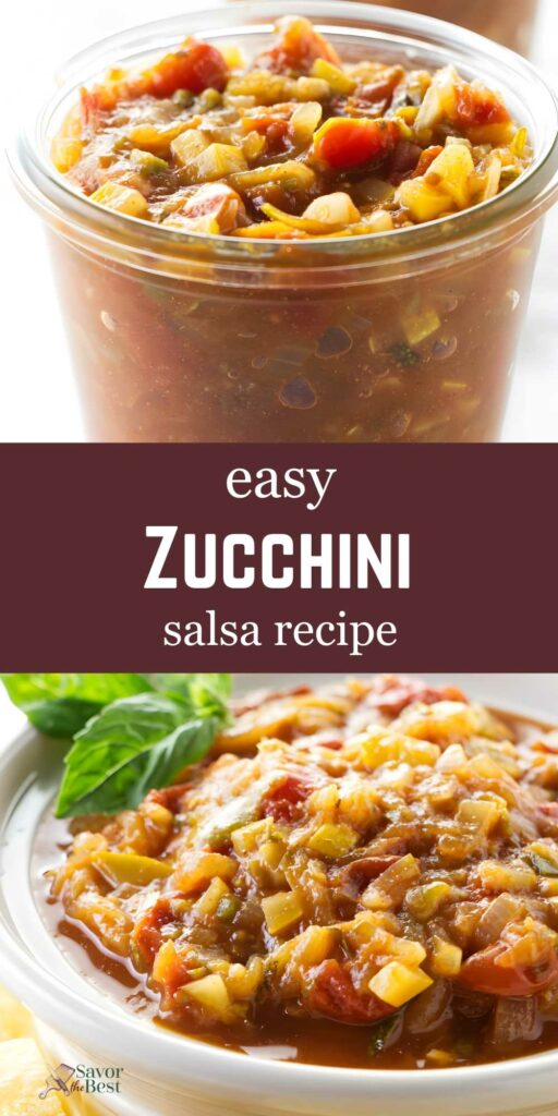 Glass jar and bowl of chunky zucchini salsa with visible veggies, recipe text.