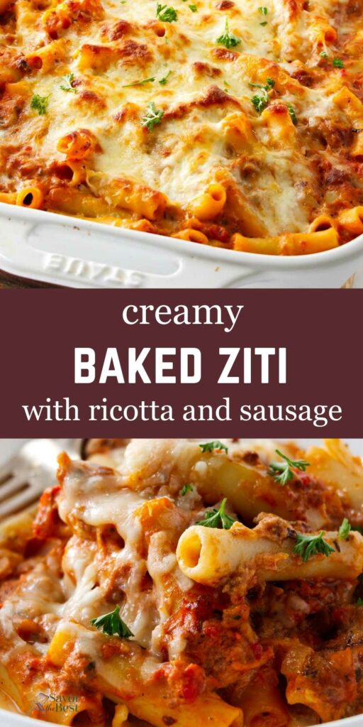 Baked ziti pasta in a serving dish topped with cheese.