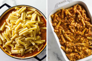 Making ziti pasta with sausage in a baking dish.