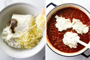Bowl of cheese mixture added to meat sauce in pot.