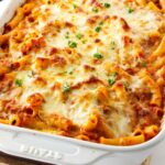 Baked ziti casserole with melted cheese, tomato sauce, ground meat, and parsley.