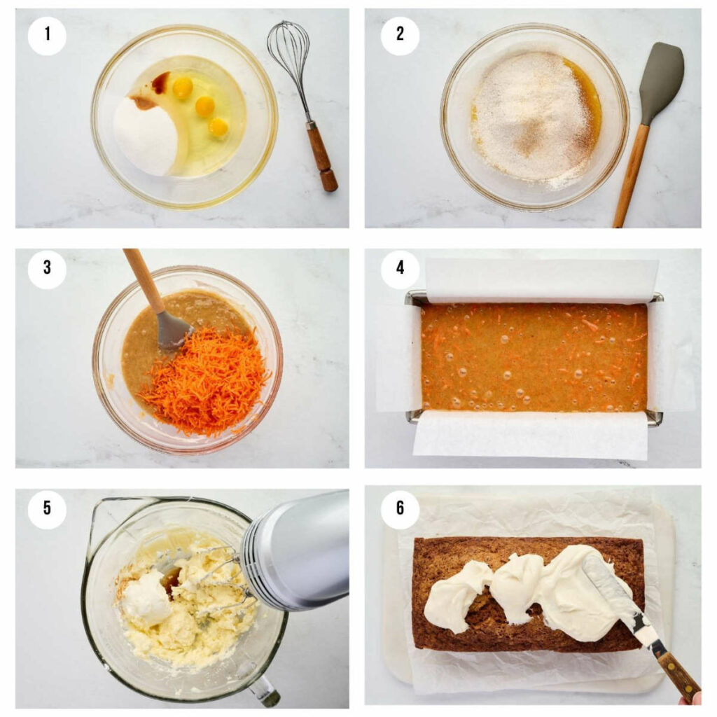 Six photos showing how to make a carrot loaf cake in a loaf pan.