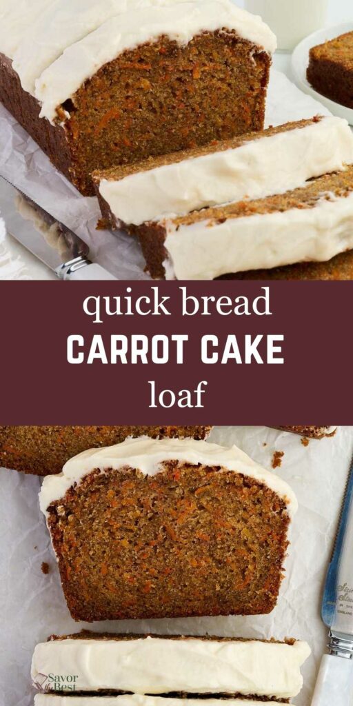 Partially sliced carrot cake quick bread with cream cheese frosting on parchment.
