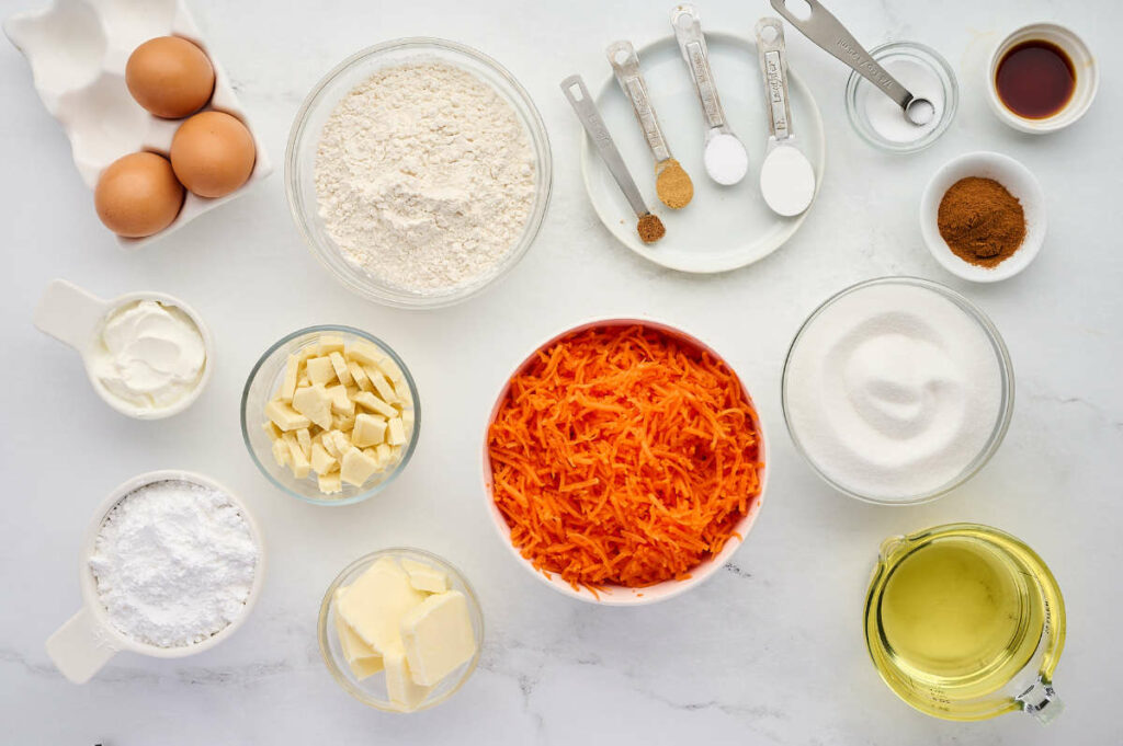 Ingredients used to make carrot cake bread.