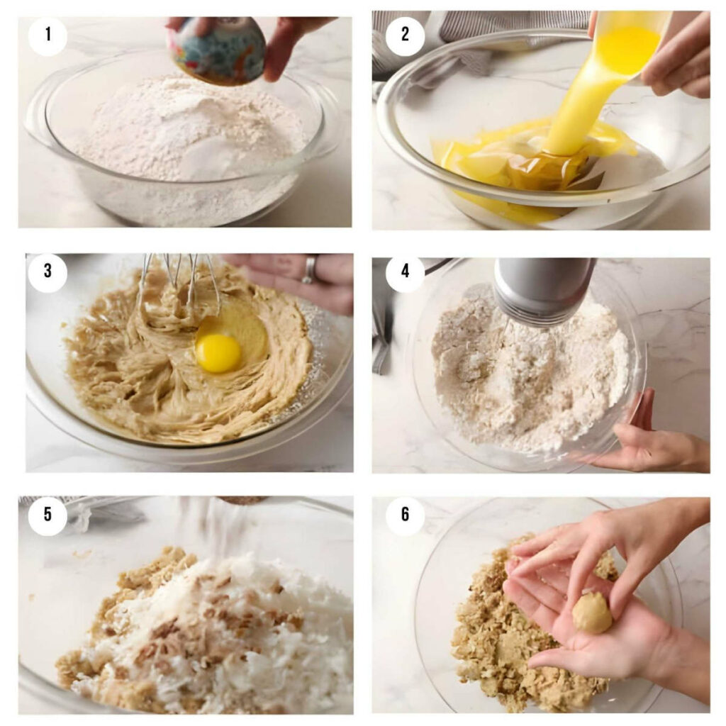 Collage of hands preparing cookie dough, from mixing to shaping balls.