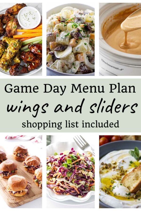 Collage of six Game Day dishes with central text: wings, sliders, menu plan.