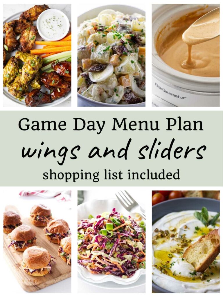 Collage of six Game Day dishes with central text: wings, sliders, menu plan.
