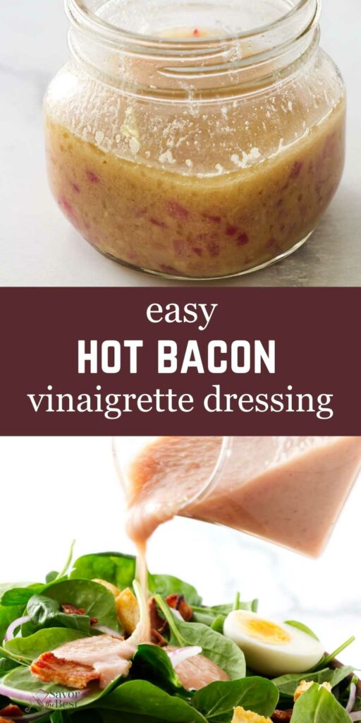 Pouring warm bacon dressing over a spinach salad.