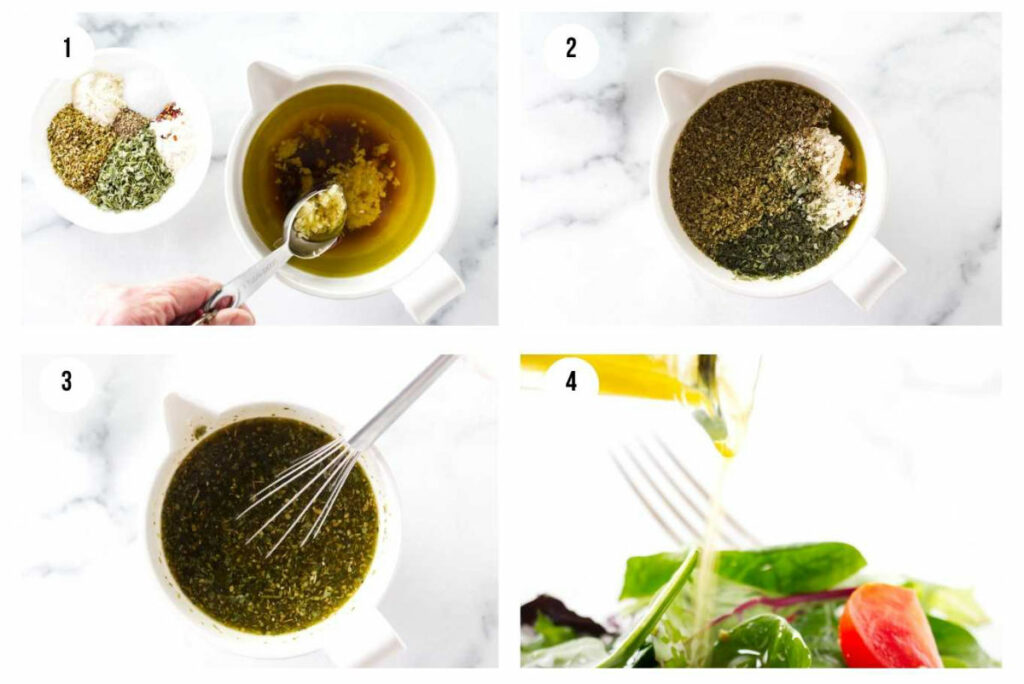 A collage of four photos showing how to make Italian vinaigrette.