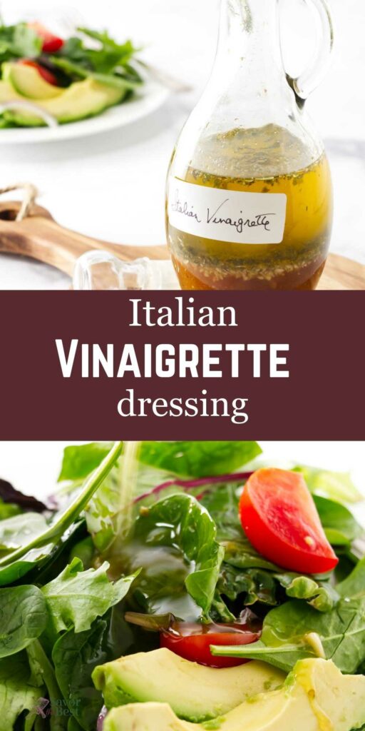 Italian Vinaigrette bottle on board beside salad with greens, tomatoes, avocado.