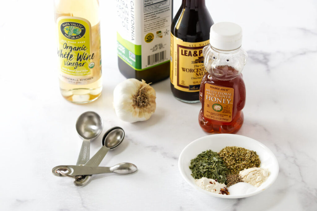 Ingredients used to make Italian vinaigrette dressing.