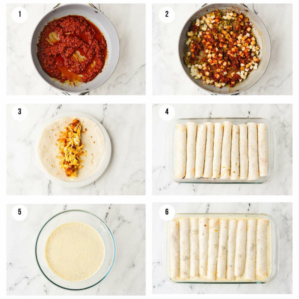 Six photos showing how to make breakfast enchiladas.