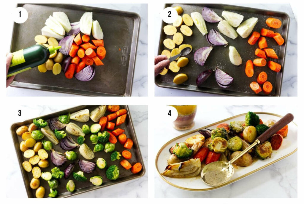 Four photos showing how to make roasted mixed vegetables on a sheet pan.