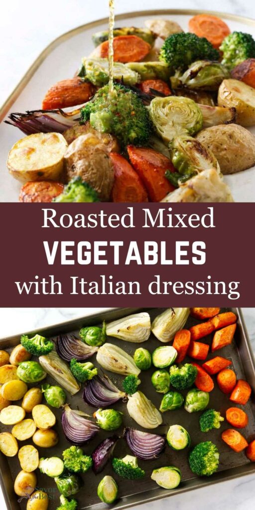 Roasted mixed vegetables on a baking sheet, some being drizzled with dressing.