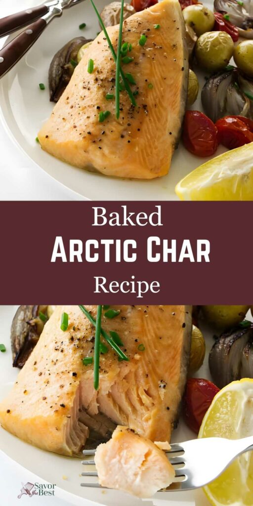 Baked Arctic char fillet on plate with vegetables and lemon, fork holds bite.