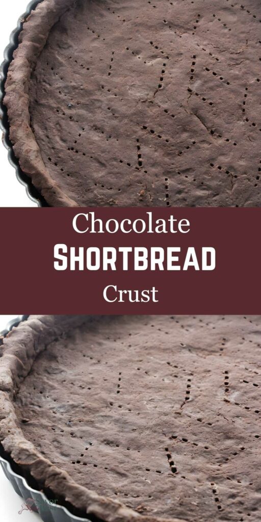 Close-up of chocolate shortbread crust in tart pan with text: Chocolate Shortbread Crust.