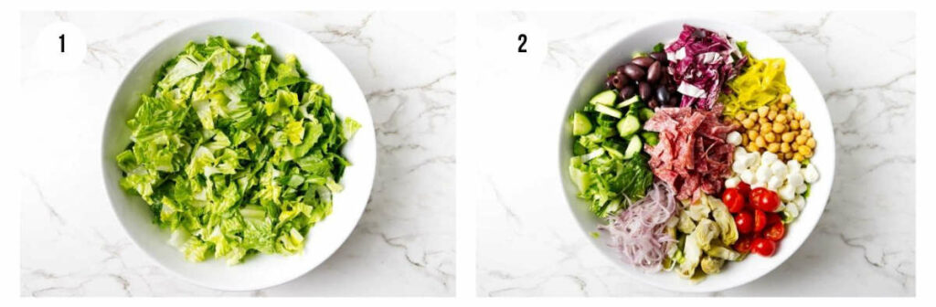 Two bowls: one with chopped romaine, one with fully loaded chopped salad with salami.