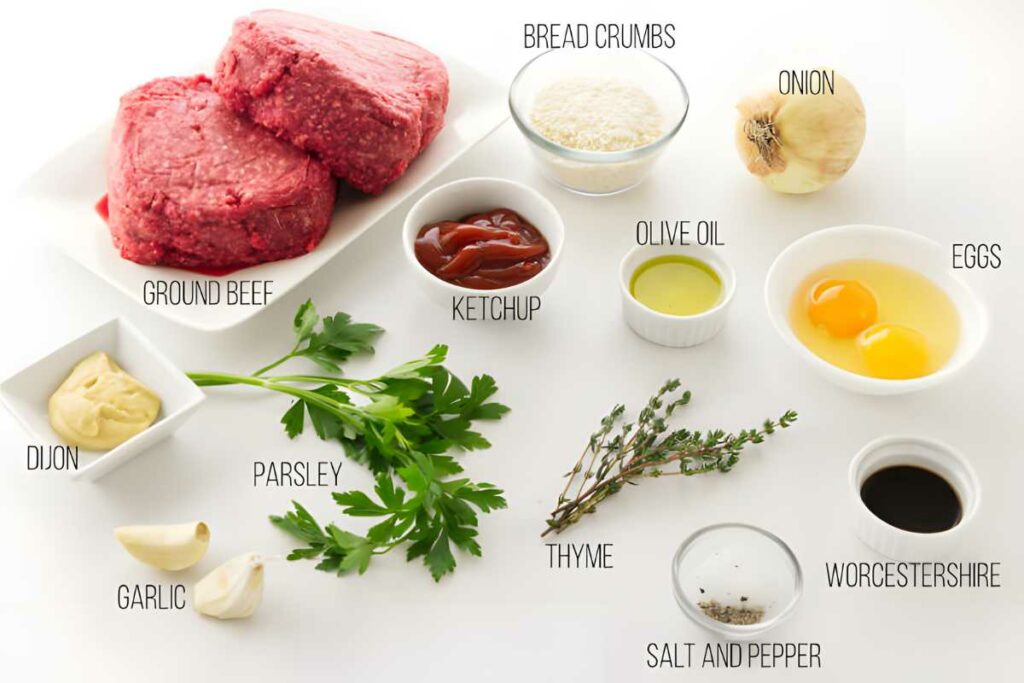 Salisbury steak ingredients neatly arranged on a white surface.