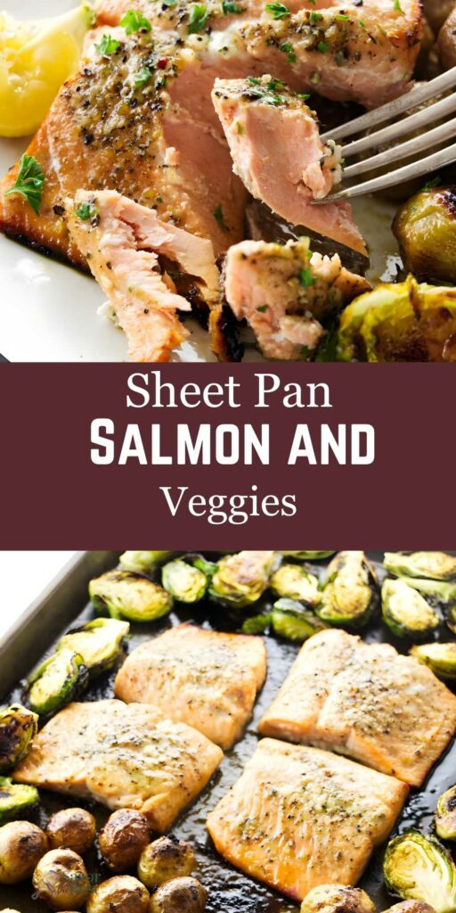 Baked salmon and Brussels sprouts on sheet pan; fork flaking salmon.